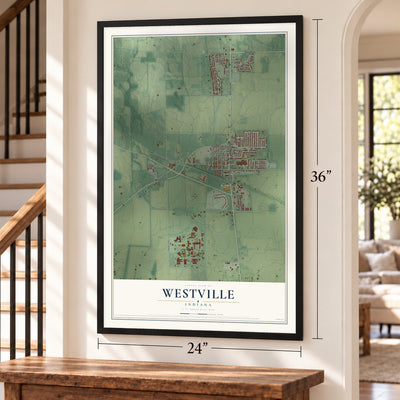 Westville, Indiana map, 24 x 36 inch print in a black frame by a staircase