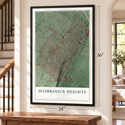 Hasbrouck Heights, New Jersey map, 24 x 36 inch print in a black frame by a staircase