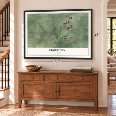 Edgerton, Kansas map, 24 x 36 inch print in a black frame above a dresser by a staircase