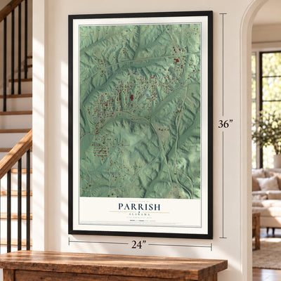 Parrish, Alabama map, 24 x 36 inch print in a black frame by a staircase