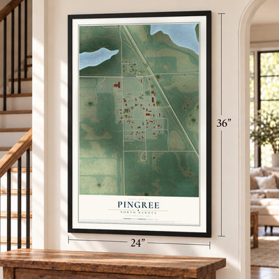 Pingree, North Dakota map, 24 x 36 inch print in a black frame by a staircase