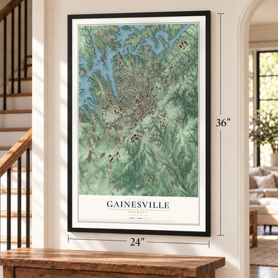 Gainesville, Georgia map, 24 x 36 inch print in a black frame by a staircase