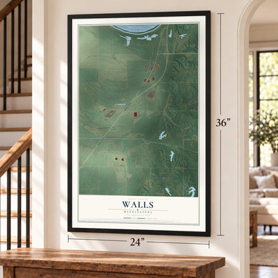 Walls, Mississippi map, 24 x 36 inch print in a black frame by a staircase