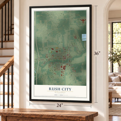 Rush City, Minnesota map, 24 x 36 inch print in a black frame by a staircase