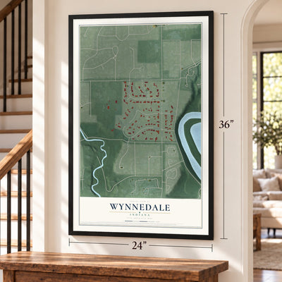 Wynnedale, Indiana map, 24 x 36 inch print in a black frame by a staircase