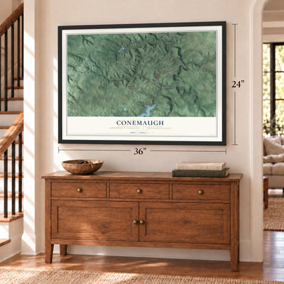 Conemaugh, Somerset County, Pennsylvania map, 24 x 36 inch print in a black frame above a dresser by a staircase