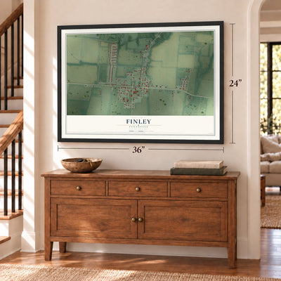 Finley, Tennessee map, 24 x 36 inch print in a black frame above a dresser by a staircase