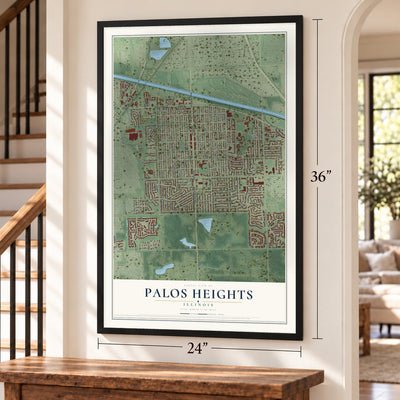 Palos Heights, Illinois map, 24 x 36 inch print in a black frame by a staircase