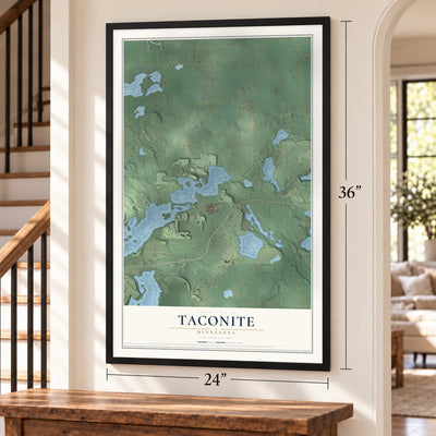 Taconite, Minnesota map, 24 x 36 inch print in a black frame by a staircase