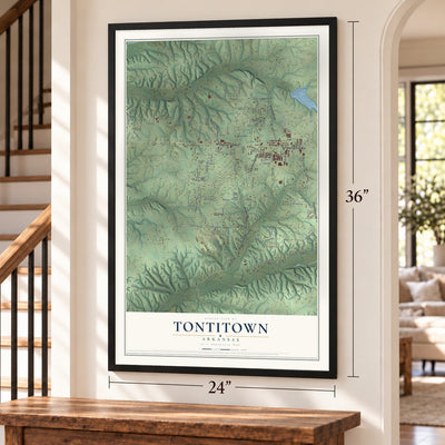 Tontitown, Arkansas map, 24 x 36 inch print in a black frame by a staircase