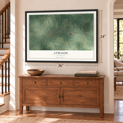 Atwood, Tennessee map, 24 x 36 inch print in a black frame above a dresser by a staircase