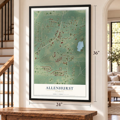 Allenhurst, Georgia map, 24 x 36 inch print in a black frame by a staircase