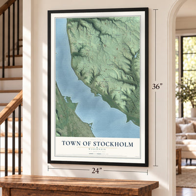 Town of Stockholm, Wisconsin map, 24 x 36 inch print in a black frame by a staircase