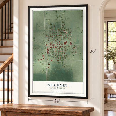 Stickney, South Dakota map, 24 x 36 inch print in a black frame by a staircase