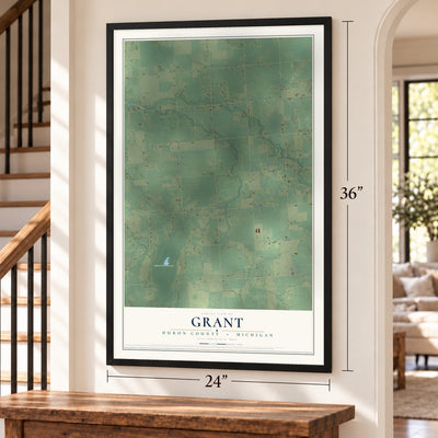 Grant, Huron County, Michigan map, 24 x 36 inch print in a black frame by a staircase
