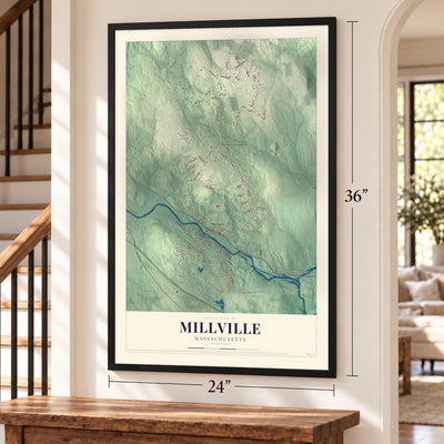 Millville, Massachusetts map, 24 x 36 inch print in a black frame by a staircase