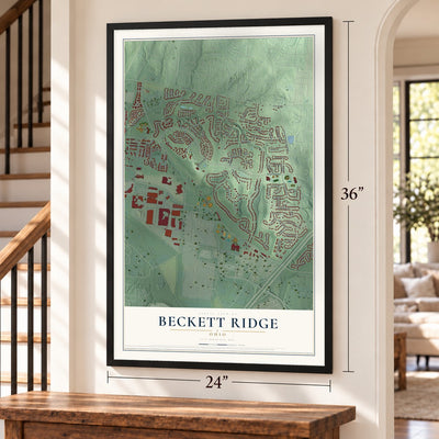 Beckett Ridge, Ohio map, 24 x 36 inch print in a black frame by a staircase