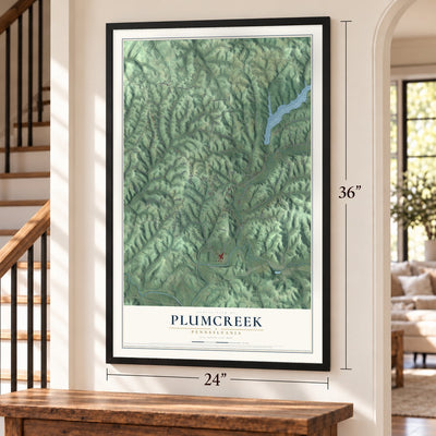 Plumcreek, Pennsylvania map, 24 x 36 inch print in a black frame by a staircase