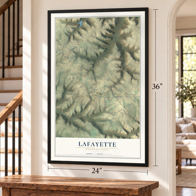 Lafayette, Pennsylvania map, 24 x 36 inch print in a black frame by a staircase