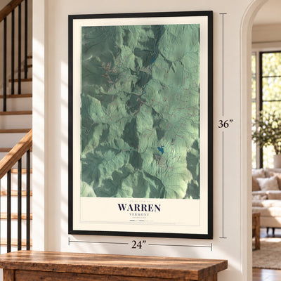 Warren, Vermont map, 24 x 36 inch print in a black frame by a staircase