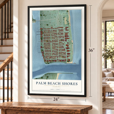 Palm Beach Shores, Florida map, 24 x 36 inch print in a black frame by a staircase