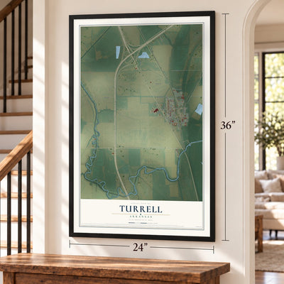Turrell, Arkansas map, 24 x 36 inch print in a black frame by a staircase