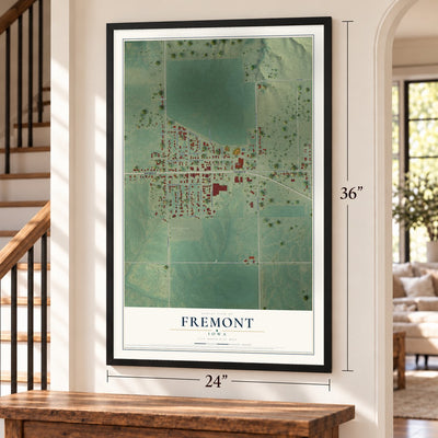 Fremont, Iowa map, 24 x 36 inch print in a black frame by a staircase