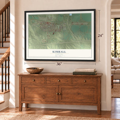 Kimball, Nebraska map, 24 x 36 inch print in a black frame above a dresser by a staircase