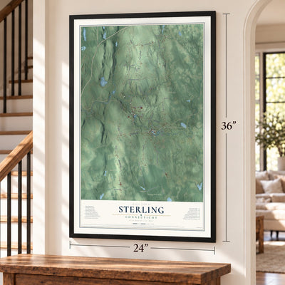 Sterling, Connecticut map, 24 x 36 inch print in a black frame by a staircase