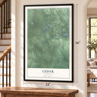 Cedar, Michigan map, 24 x 36 inch print in a black frame by a staircase