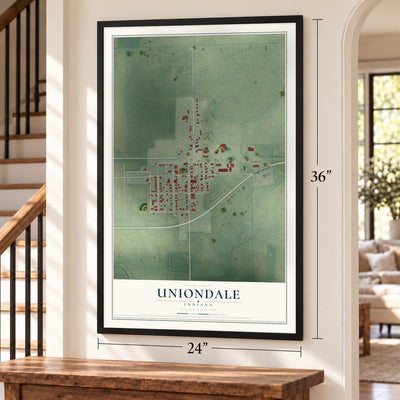 Uniondale, Indiana map, 24 x 36 inch print in a black frame by a staircase