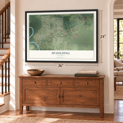 Spaulding, Illinois map, 24 x 36 inch print in a black frame above a dresser by a staircase