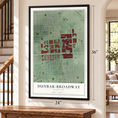 Dunbar-Broadway, Maryland map, 24 x 36 inch print in a black frame by a staircase