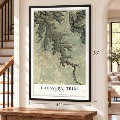 Havasupai Tribe, Arizona map, 24 x 36 inch print in a black frame by a staircase