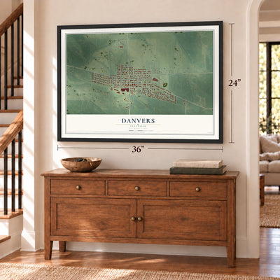 Danvers, Illinois map, 24 x 36 inch print in a black frame above a dresser by a staircase