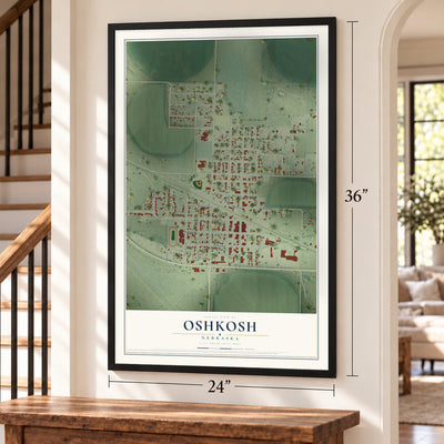 Oshkosh, Nebraska map, 24 x 36 inch print in a black frame by a staircase