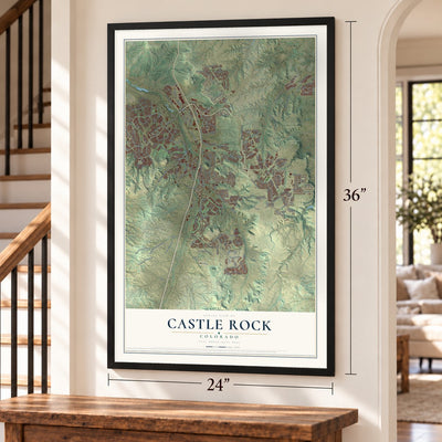 Castle Rock, Colorado map, 24 x 36 inch print in a black frame by a staircase