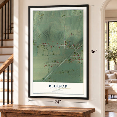 Belknap, Illinois map, 24 x 36 inch print in a black frame by a staircase