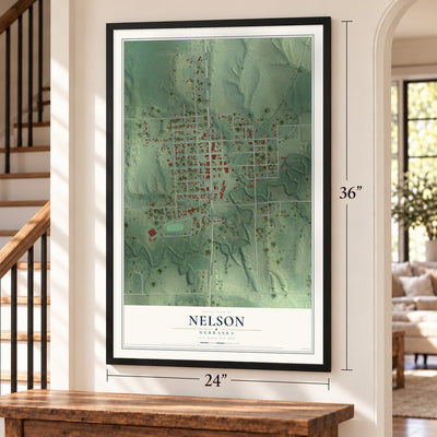 Nelson, Nebraska map, 24 x 36 inch print in a black frame by a staircase