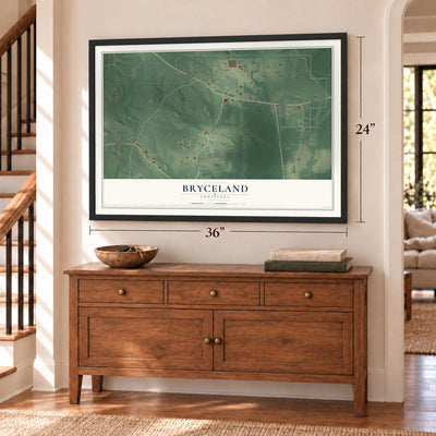 Bryceland, Louisiana map, 24 x 36 inch print in a black frame above a dresser by a staircase