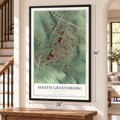 South Greensburg, Pennsylvania map, 24 x 36 inch print in a black frame by a staircase