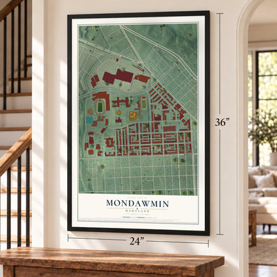 Mondawmin, Maryland map, 24 x 36 inch print in a black frame by a staircase