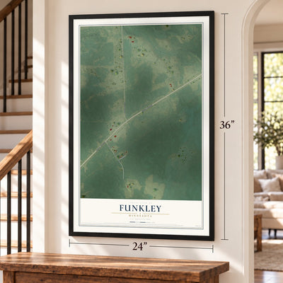 Funkley, Minnesota map, 24 x 36 inch print in a black frame by a staircase