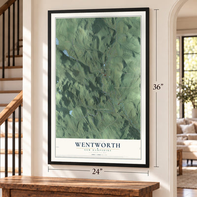 Wentworth, New Hampshire map, 24 x 36 inch print in a black frame by a staircase