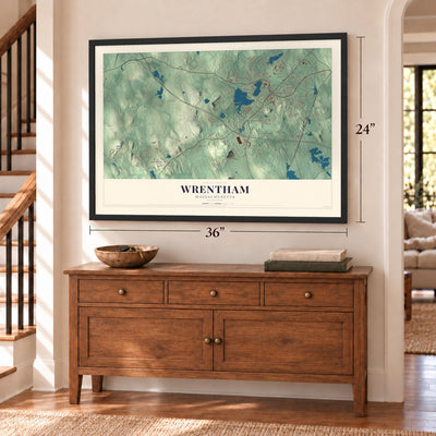 Wrentham, Massachusetts map, 24 x 36 inch print in a black frame above a dresser by a staircase