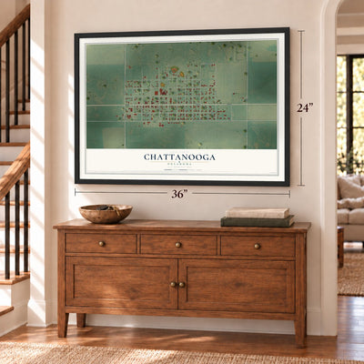 Chattanooga, Oklahoma map, 24 x 36 inch print in a black frame above a dresser by a staircase