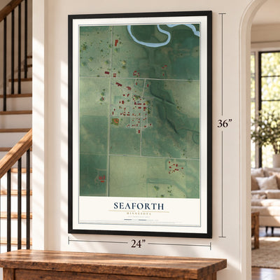 Seaforth, Minnesota map, 24 x 36 inch print in a black frame by a staircase
