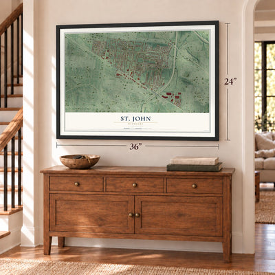 St. John, Missouri map, 24 x 36 inch print in a black frame above a dresser by a staircase