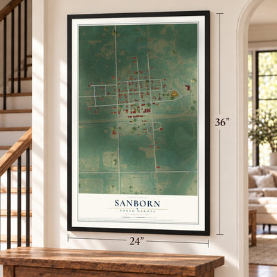 Sanborn, North Dakota map, 24 x 36 inch print in a black frame by a staircase