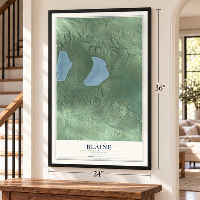 Blaine, Michigan map, 24 x 36 inch print in a black frame by a staircase